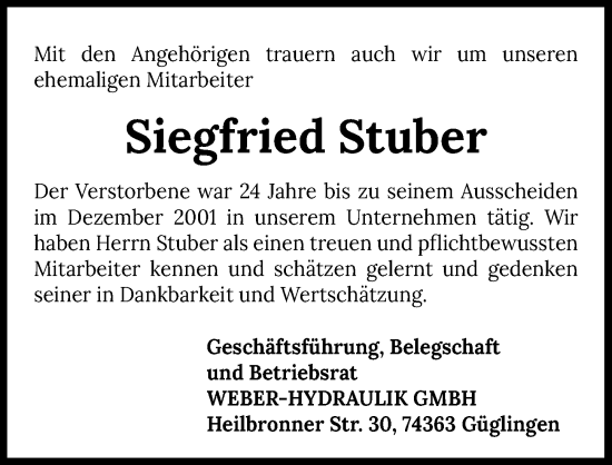 Traueranzeige von Siegfried Stuber von GESAMT