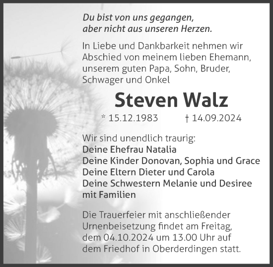 Traueranzeige von Steven Walz von GESAMT