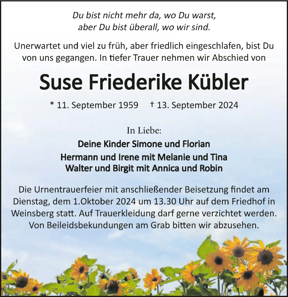  Traueranzeige für Suse Friederike Kübler vom 28.09.2024 aus GESAMT