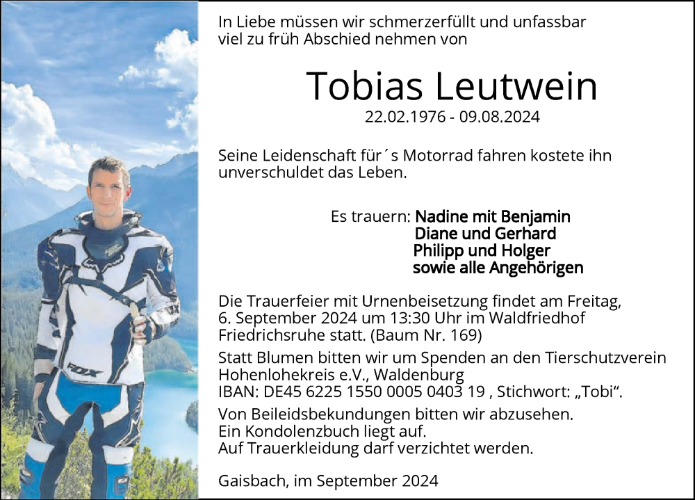  Traueranzeige für Tobias Leutwein vom 02.09.2024 aus GESAMT