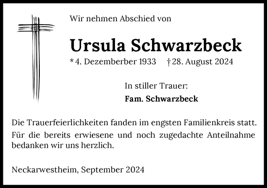 Traueranzeige von Ursula Schwarzbeck von GESAMT