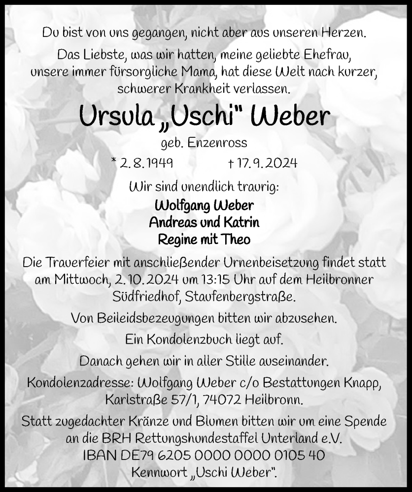  Traueranzeige für Ursula Weber vom 25.09.2024 aus GESAMT