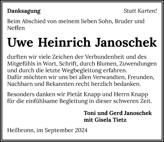 Traueranzeige von Uwe Heinrich Janoschek von GESAMT