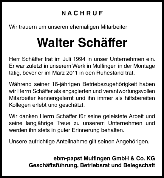 Traueranzeige von Walter SChäffer von GESAMT