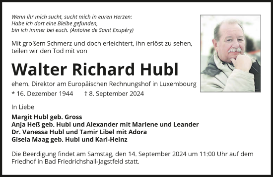 Traueranzeige von Walter Richard Hubl von GESAMT