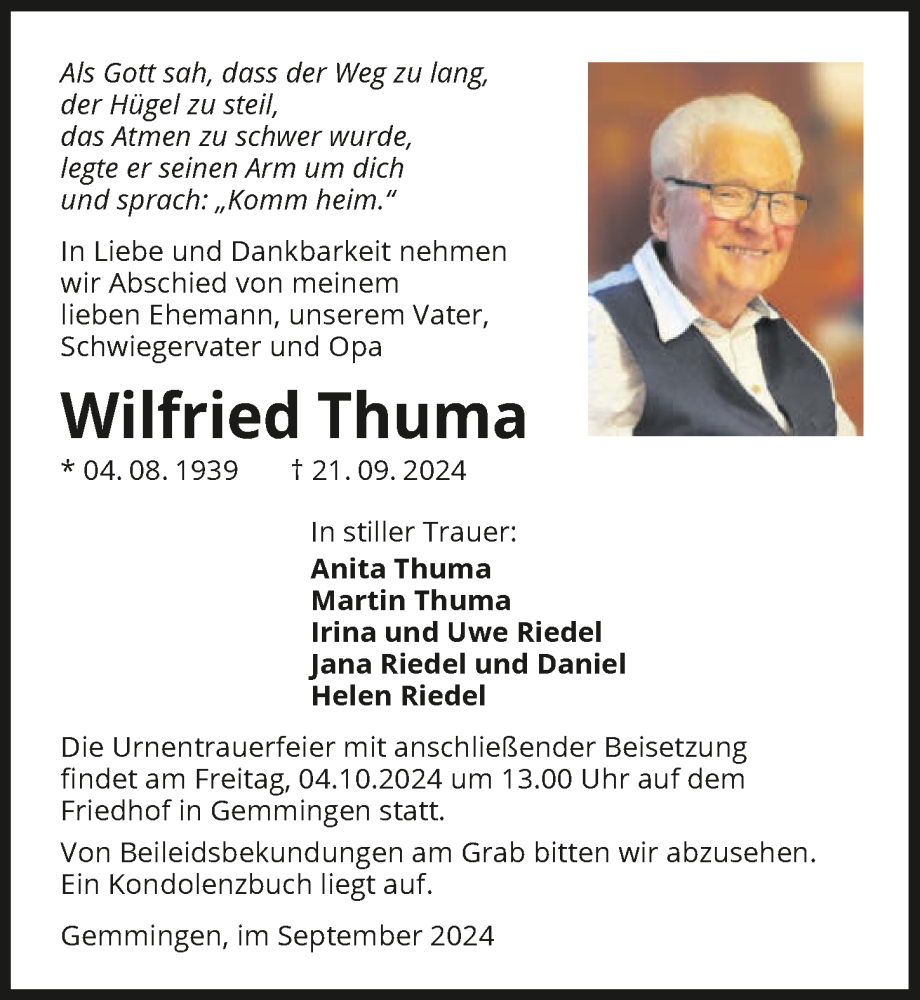  Traueranzeige für Wilfried Thuma vom 26.09.2024 aus GESAMT