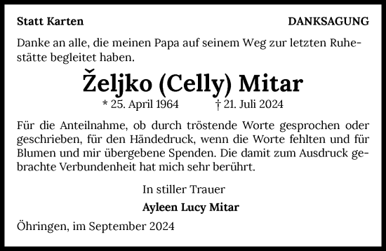 Traueranzeige von Zeljko Mitar von GESAMT