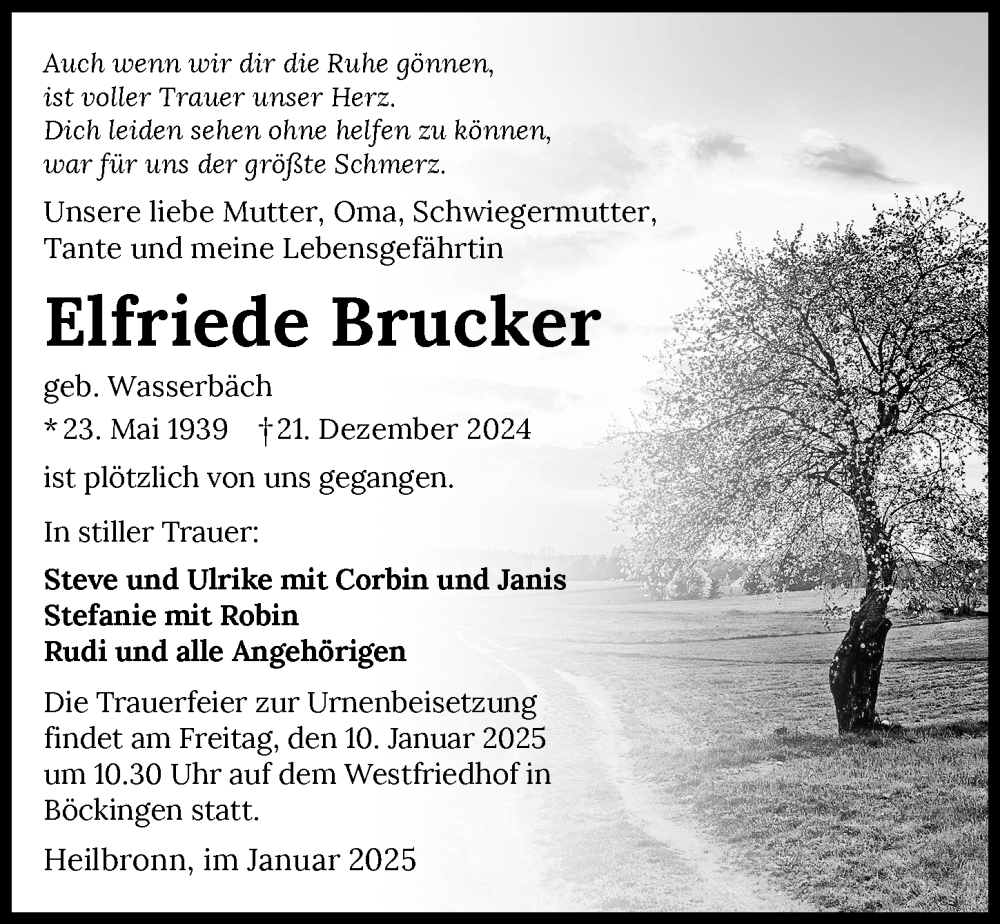  Traueranzeige für Elfriede Brucker vom 04.01.2025 aus 