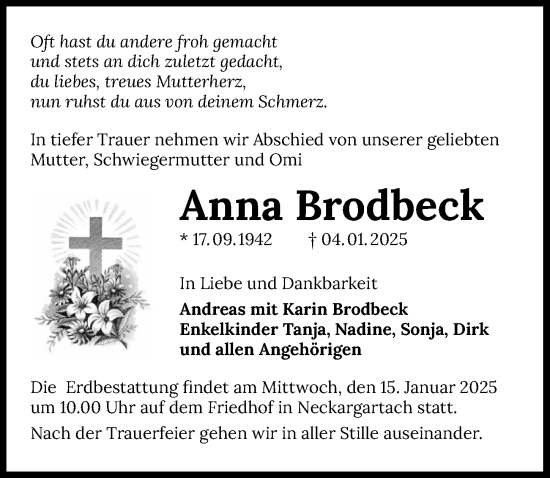 Traueranzeige von Anna Brodbeck von GESAMT