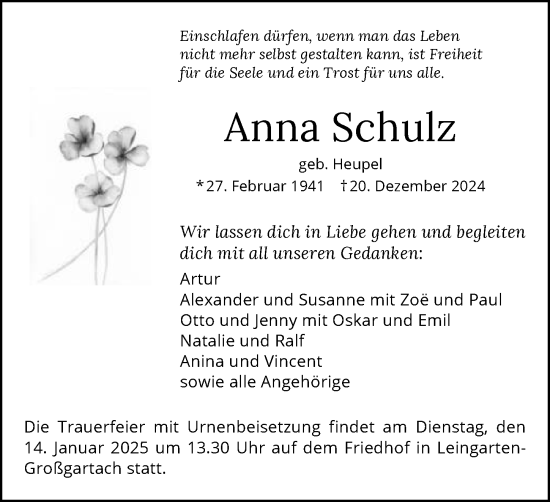 Traueranzeige von Anna Schulz von GESAMT