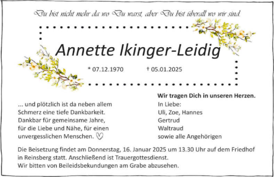 Traueranzeige von Annette Ikinger-Leidig von GESAMT