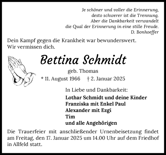 Traueranzeige von Bettina Schmidt von GESAMT