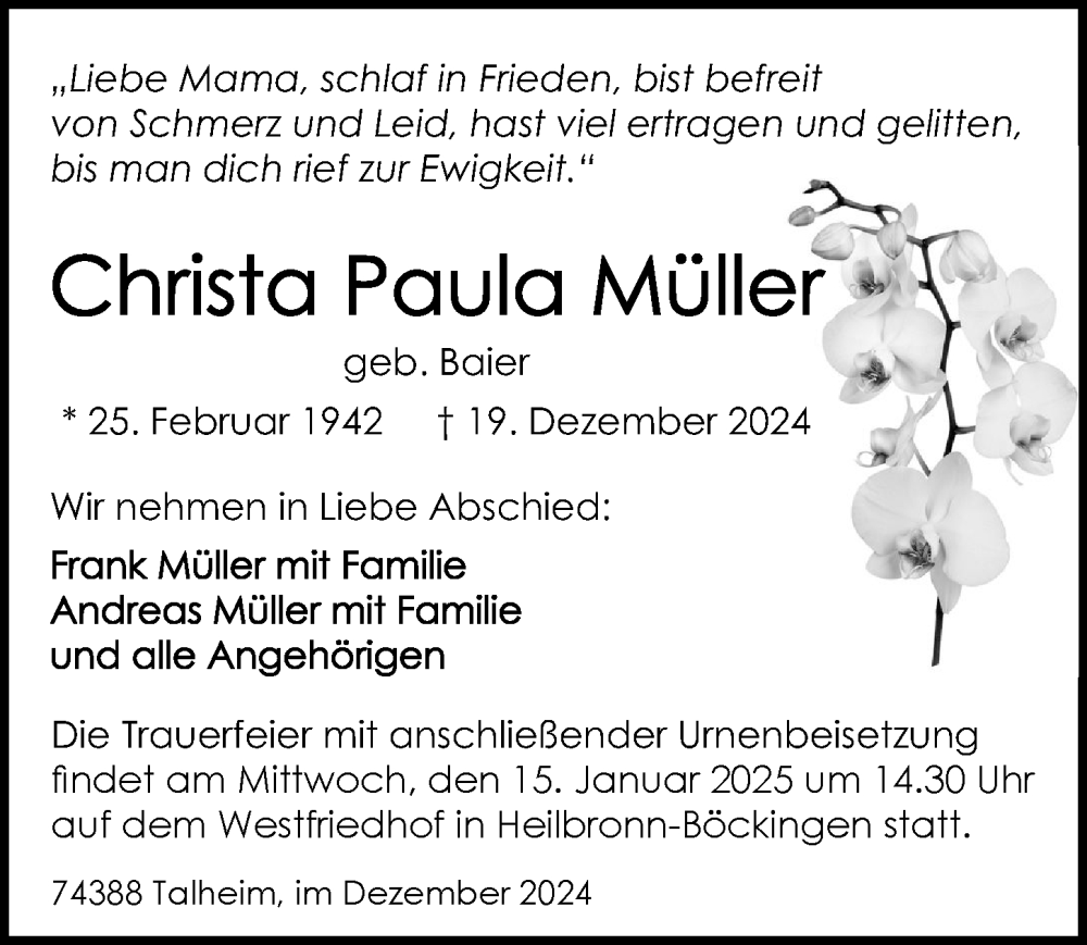  Traueranzeige für Christa  Müller vom 04.01.2025 aus GESAMT