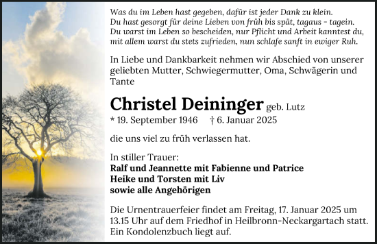 Traueranzeige von Christel Deininger von GESAMT