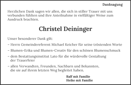 Traueranzeige von Christel Deininger von GESAMT