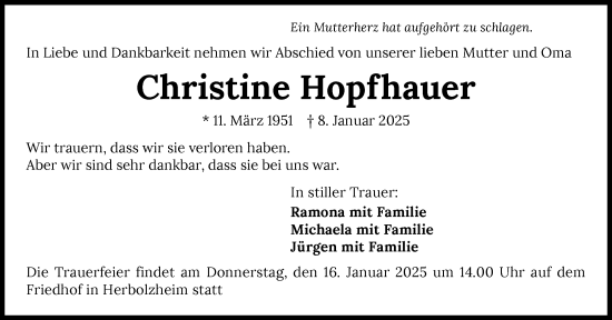 Traueranzeige von Christine Hopfhauer von GESAMT