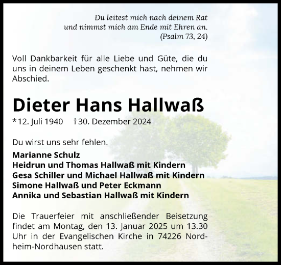 Traueranzeige von Dieter Hans Hallwaß von GESAMT