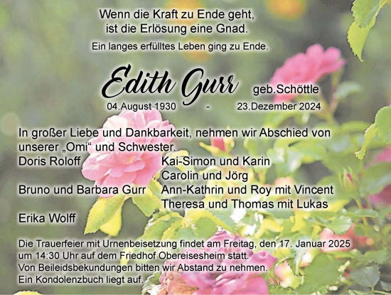 Traueranzeige von Edith Gurr von GESAMT