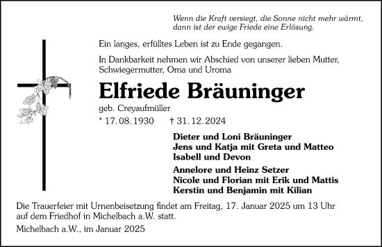 Traueranzeige von Elfriede Bräuninger von GESAMT