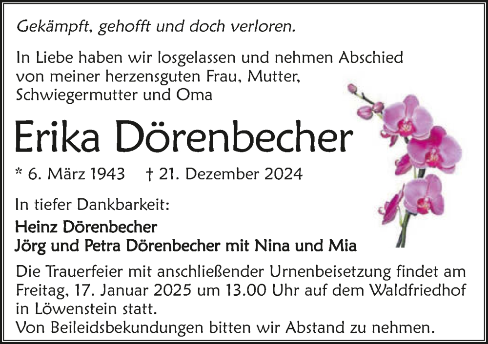  Traueranzeige für Erika Dörenbecher vom 11.01.2025 aus GESAMT