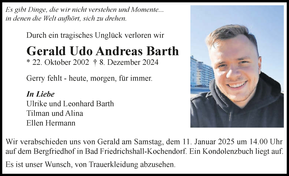  Traueranzeige für Gerald  Barth vom 04.01.2025 aus GESAMT