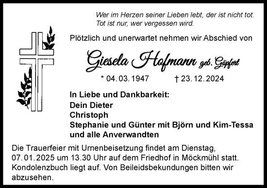 Traueranzeige von Giesela Hofmann von GESAMT