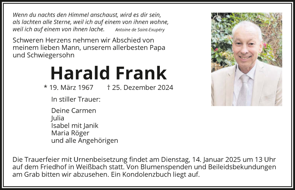  Traueranzeige für Harald Frank vom 11.01.2025 aus GESAMT