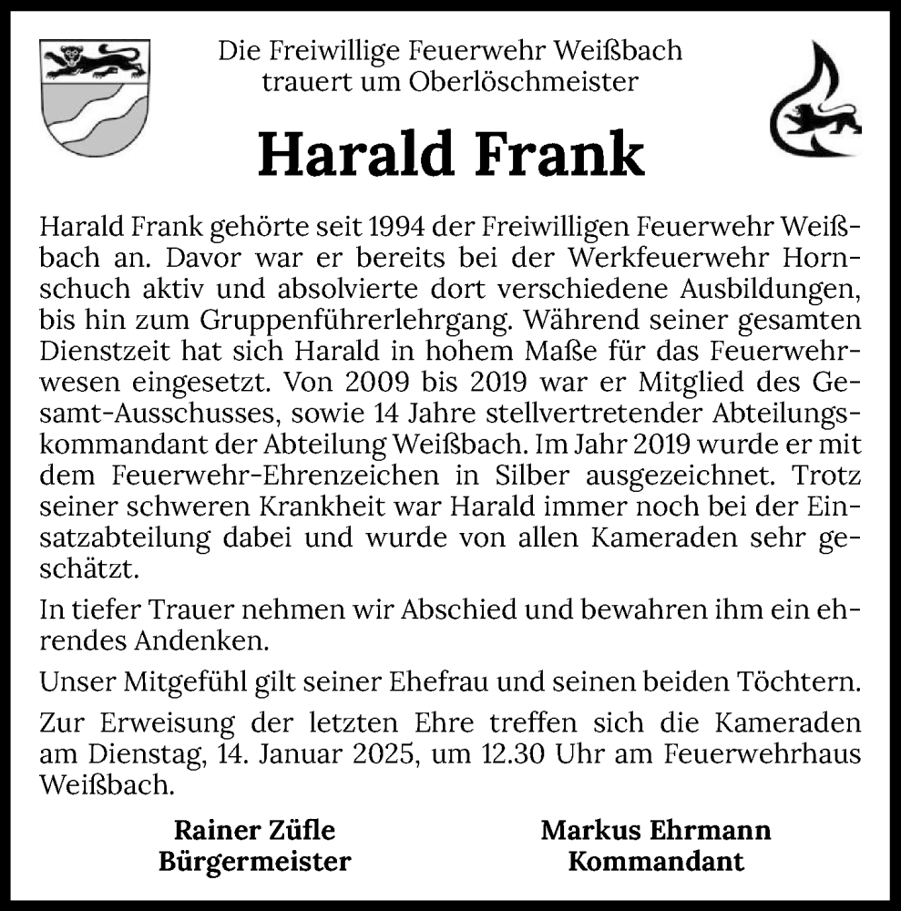  Traueranzeige für Harald Frank vom 11.01.2025 aus GESAMT