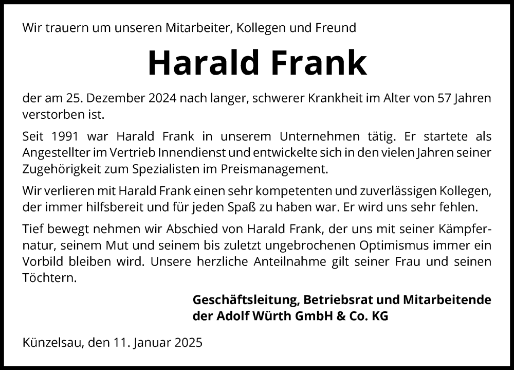  Traueranzeige für Harald Frank vom 11.01.2025 aus GESAMT