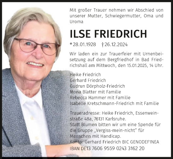 Traueranzeige von Ilse Friedrich von GESAMT