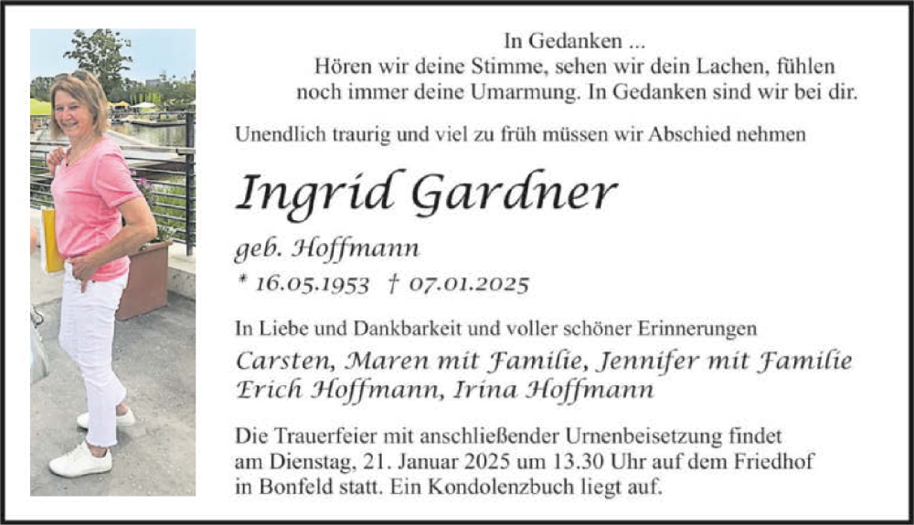  Traueranzeige für Ingrid Gardner vom 11.01.2025 aus GESAMT