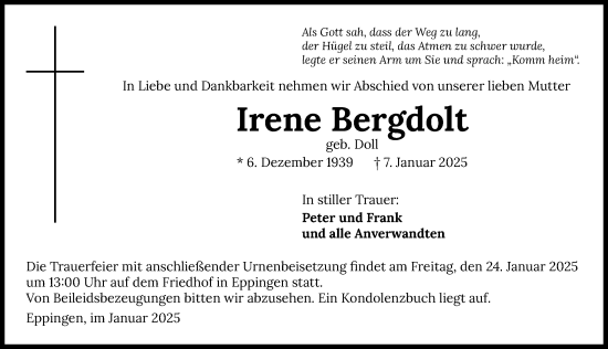 Traueranzeige von Irene Bergdolt von GESAMT