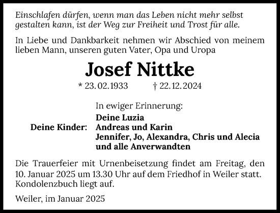 Traueranzeige von Josef Nittke von GESAMT