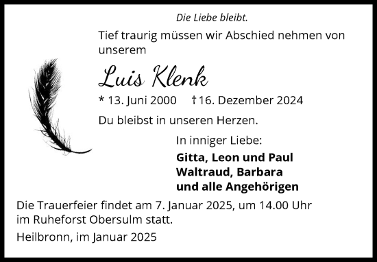 Traueranzeige von Luis Klenk von GESAMT