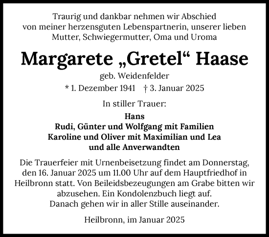 Traueranzeige von Margarete Haase von GESAMT