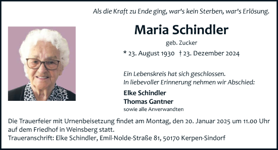 Traueranzeige von Maria Schindler von GESAMT