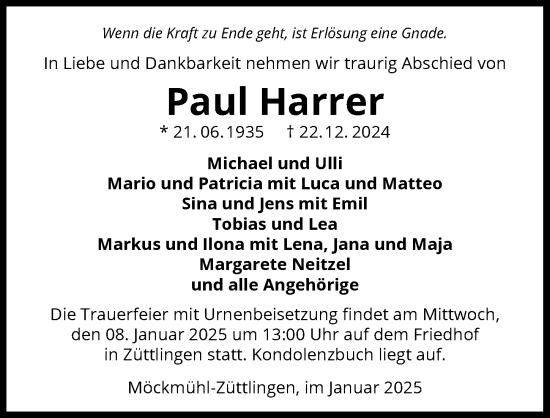 Traueranzeige von Paul Harrer von GESAMT