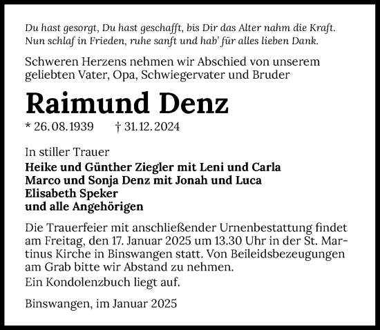 Traueranzeige von Raimund Denz von GESAMT