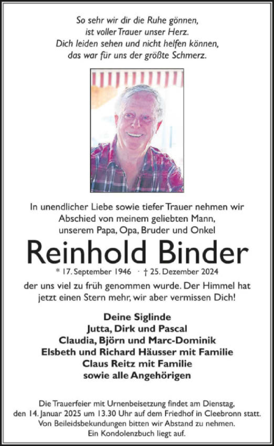 Traueranzeige von Reinhold Binder von GESAMT