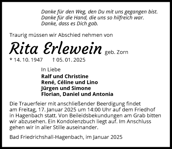 Traueranzeige von Rita Erlewein von GESAMT