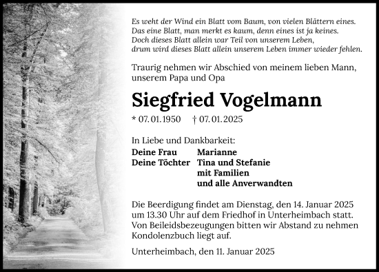 Traueranzeige von Siegfried Vogelmann von GESAMT