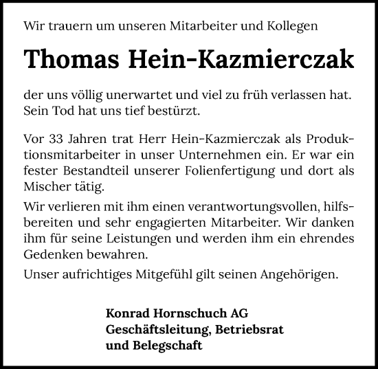 Traueranzeige von Thomas Hein-Kazmierczak von GESAMT