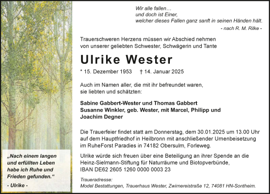 Traueranzeige von Ulrike Wester von GESAMT