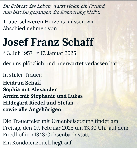 Traueranzeige von Josef Franz Schaff von GESAMT