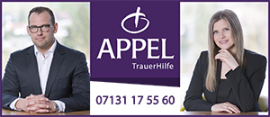 Appel TrauerHilfe stellt sich mit ihrem lila Logo zur Show und bietet mit der Nummer 07131175560 die Möglichkeit in Kontakt zu treten.